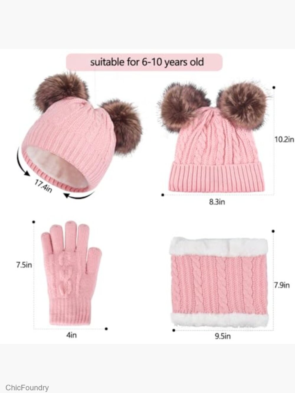Kids Winter Hat Gloves Scarf Set Knit Beanie Pompom Thermal Fleece Lined 3pc - Picture 6 of 7